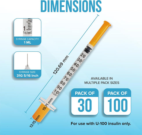JJ CARE Insulin Syringe (Pack of 30) 1cc/ml 31G 5/16", U-100 Insulin Syringes, Ultra Fine Single Use Insulin Needles, Disposable & Sterile Diabetic Syringes, Individually Wrapped
